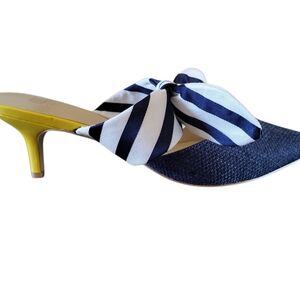 NWT CAbi Stylish Denim and Striped Bow Heels - Size Small